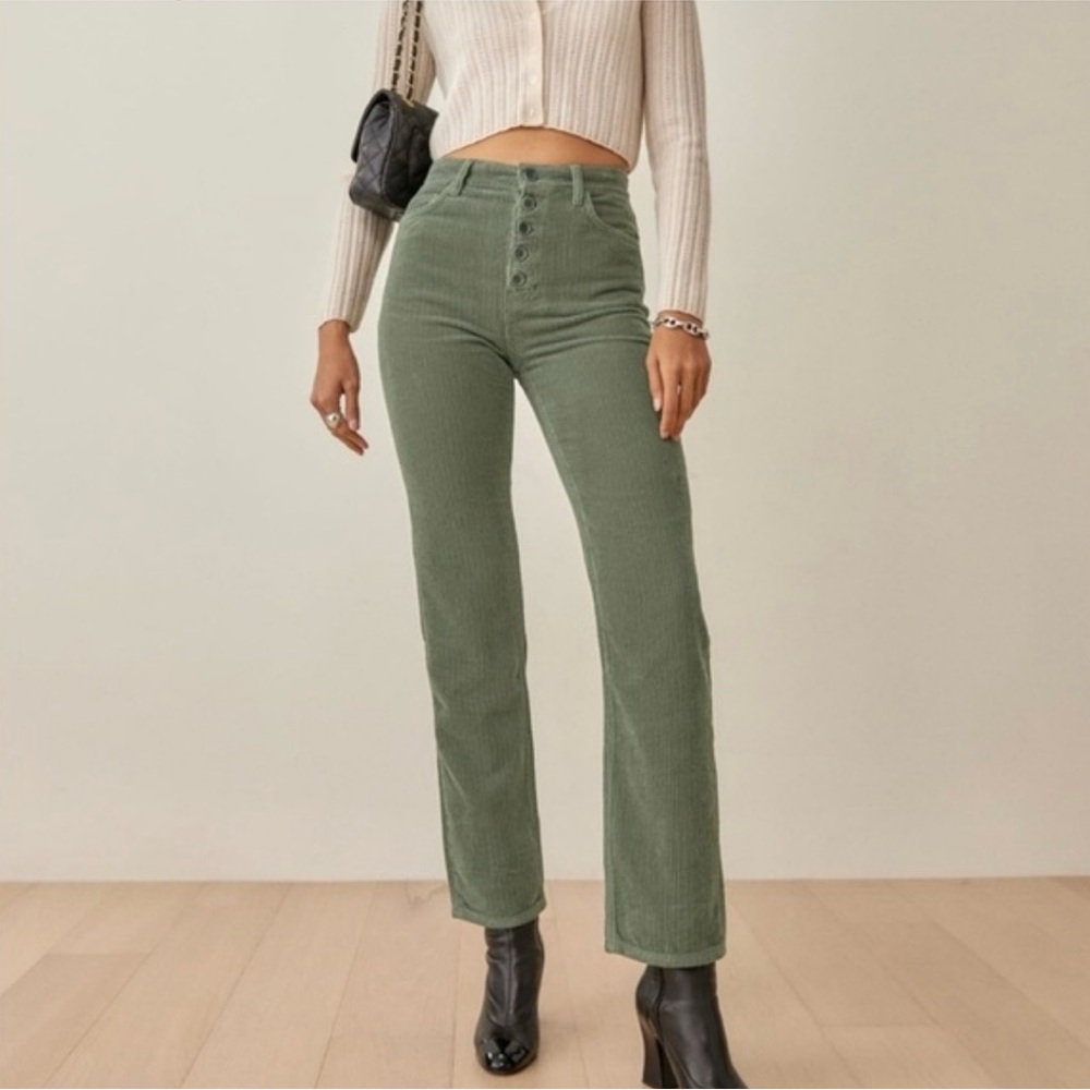 Reformation High-Waisted Green Corduroy Pants